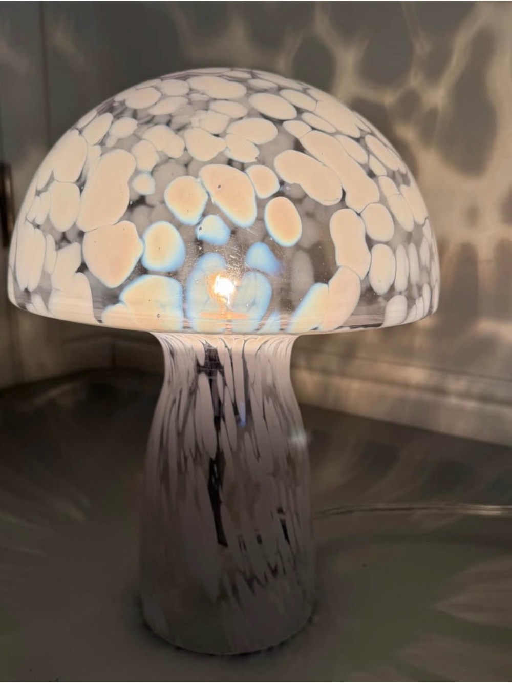 White & Black Handblown Glass Mushroom Lamp - Artistic Table Accent
